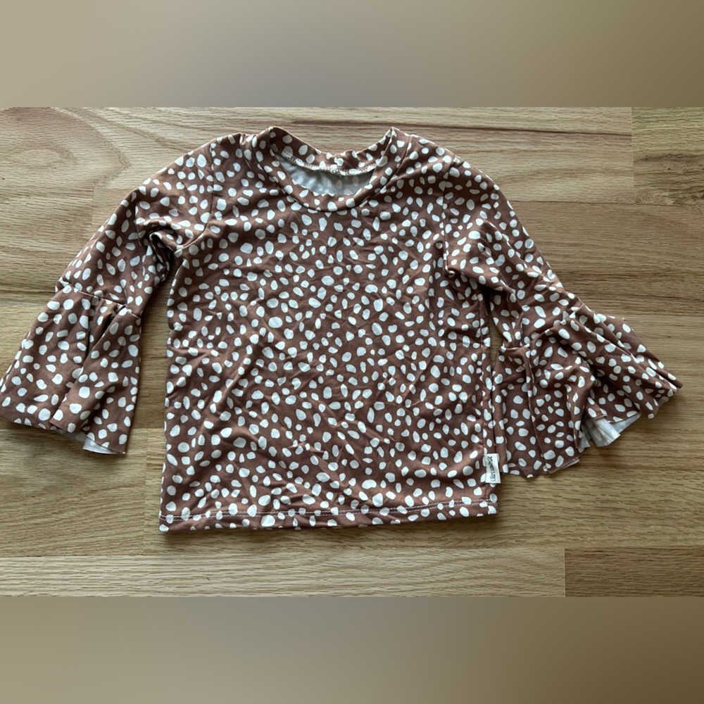 Handmade- Brown and White Polka Dot Flutter Sleeve Top